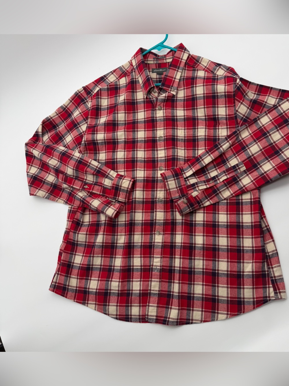 Eddie Bauer Red and Cream Plaid Long-Sleeve Button-Down Shirt